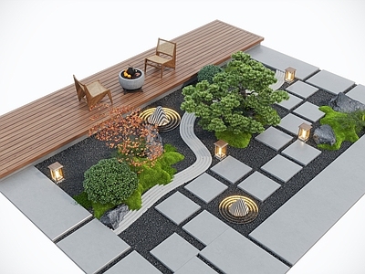 新中式庭院小品 新中式庭院景观 景观小品 户外休闲椅 枯山水 苔藓景观