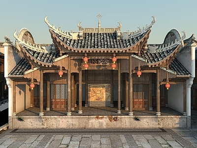 中式古建筑 戏台 徽派建筑 祠堂