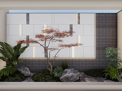 新中式现代景墙 下沉天井景观