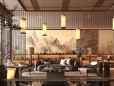 新中式售楼处 宋代名宿会所大厅 民宿大厅 中餐厅大厅 宋代民宿前台 宋式美学茶室