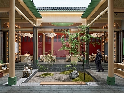 现代新中式书店 古建筑网红书店 新旧结合书吧书架 网红书店玻璃盒子 书店展厅阅读桌椅