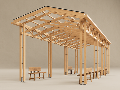 现代风格建筑 廊架 木头座椅