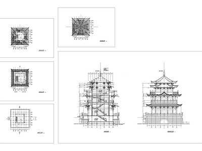 仿古建筑 塔 宝塔 牌坊 古建大门 古建门头 施工图