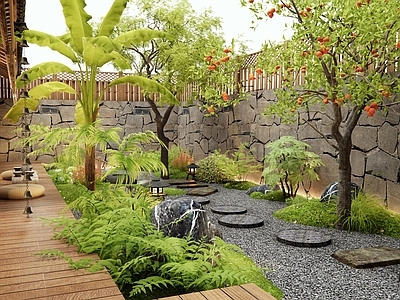 日式庭院 乡村庭院 民宿庭院 柿子树 汀步 花草植物