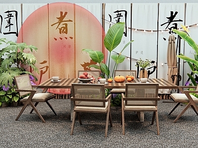 现代户外桌椅 户外餐桌椅 户外休闲桌椅 露营美陈 围炉煮茶 植物组合
