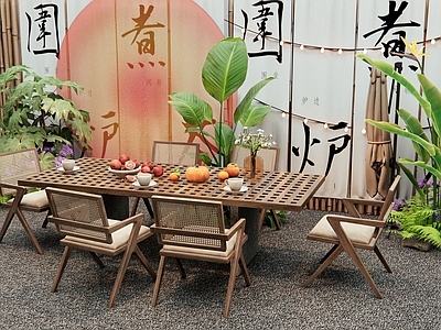 现代户外桌椅 户外餐桌椅 户外休闲桌椅 植物堆 围炉煮茶 露营美陈