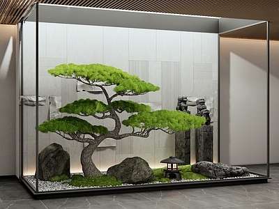 现代新中式室内景观 天井室内景观 松树 景观石头 苔藓 端景