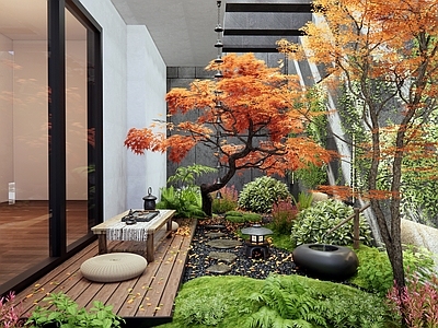 新中式禅意室内景观 天井室内景观 枯山水 汀步 红枫 植物景观