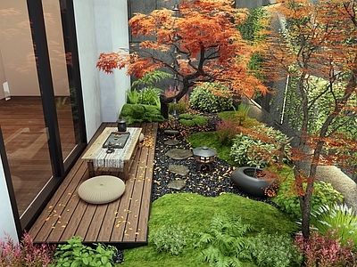 新中式庭院 别墅天井庭院 枯山水 汀步 红枫 灌木植物
