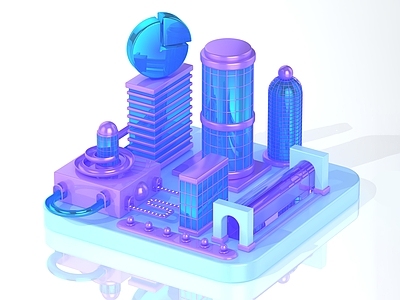 现代工业艺术风格建筑 科技微软风建筑 城市立体图标 智能图标 C4D电商素材
