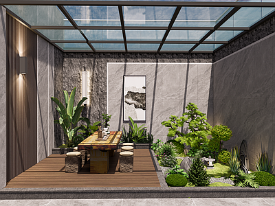 现代其他景观小品 天井 景观 茶桌 景观石 植物