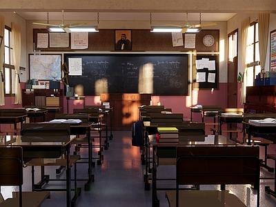 现代中式小学 小学教室 中学教室 课桌椅黑板 教室场景写实 学校场景