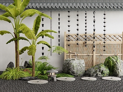新中式庭院小品 雨链 水钵水景 汀步 竹篱笆 景观石头