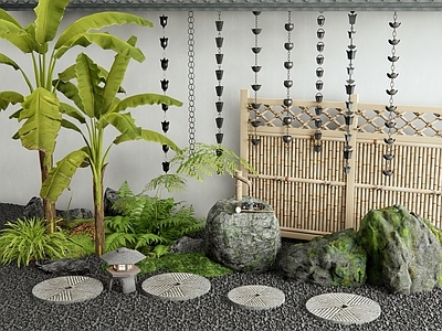 日式石头 雨链 芭蕉 汀步 水钵水景 竹篱笆