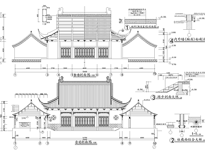 寺庙 财神殿主殿厢房 三合院 歇山顶硬山顶挂落 施工图