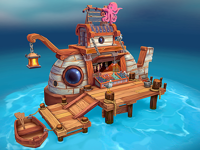 现代艺术风格建筑 渔夫小屋 卡通渔屋 手绘鱼摊 q版小屋 海中小店