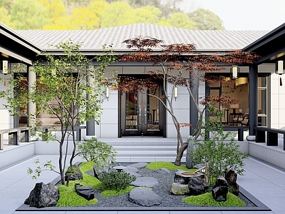 新中式简约别墅庭院 合院景观小品