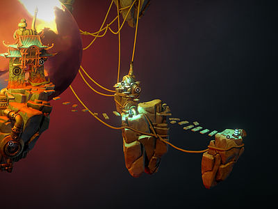 现代艺术风格建筑 古老的中国大门 漂浮岩石 漂浮石头房子 神奇岛屿 蒸汽朋克建筑