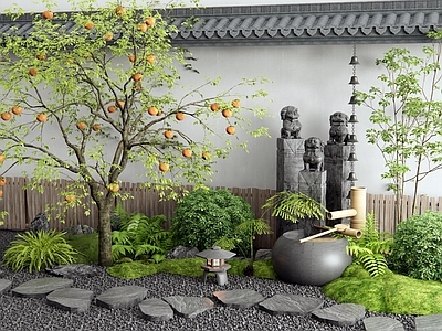 植物组合 柿子树 灌木 水钵雨链 汀步 庭院小品