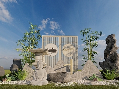 现代新中式假山 中式组景 小品 屏风 庭院组景