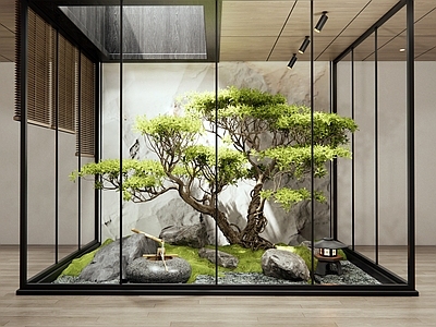 新中式室内景观 天井室内景观 植物造景 水钵水景 景观石头 苔藓