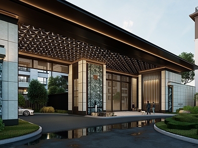新中式中式小区建筑 龙湖 大门 示范区 展示区