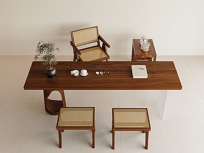 中古茶桌椅 茶桌 茶台 大板桌 中古风藤编椅 中古风茶桌