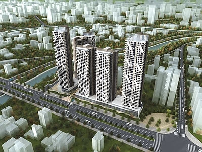 现代鸟瞰规划 低模商务中心建筑 高楼大厦 建筑设计 城市规划