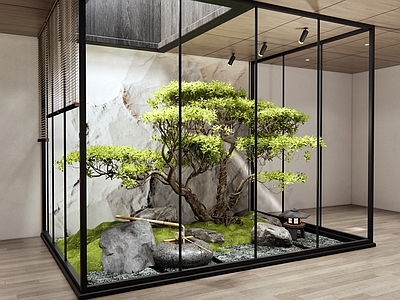 新中式庭院小品 室内景观 植物造景 水钵 景观石 苔藓