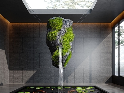 现代其他水景设施 现代水景观 室内水景 苔藓 室内鱼池 悬浮石