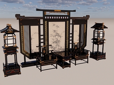 中式复古屏风 唐宋屏风 宋式椅 古代茶座 唐宋灯 古代家具组合