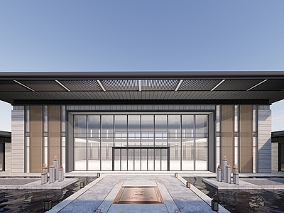 新中式售楼处建筑 U形 飘板 顶盖 社区大门