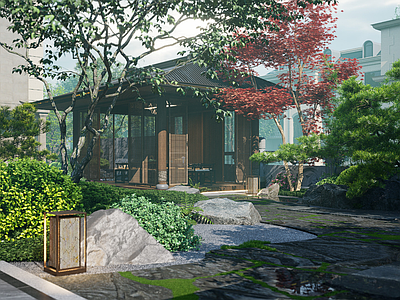 新中式中式别墅庭院 新中式庭院景观 中式庭院景观