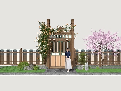 新中式庭院门 庭院木门 民宿院门 篱笆木门 民居大门 入户门