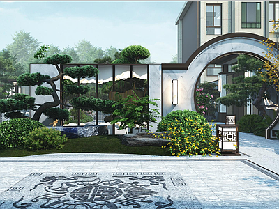 新中式中式别墅庭院 新中式庭院景观 中式庭院景观