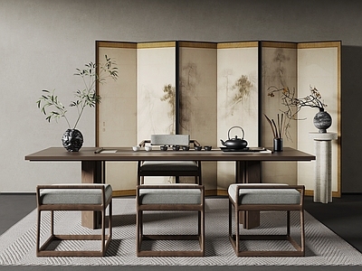 现代茶桌椅 茶桌椅组合 茶具 屏风 地毯 植物