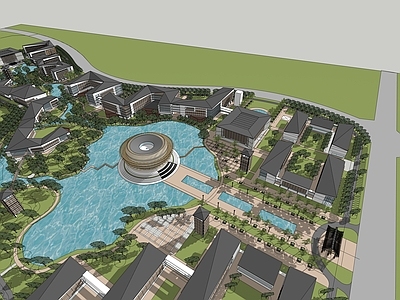 现代新中式学校建筑 学校湖景 教学楼学校 学校操场