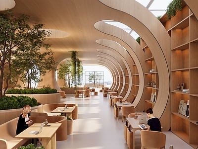 原木现代图书馆 书架 图书馆 异形 弧形