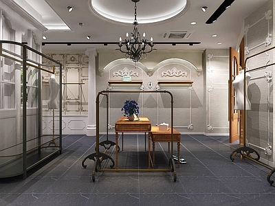欧式复古服装店 复古服装店 收银台 货架展台道具 欧式线条 玻璃货架