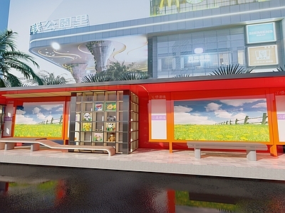 现代新中式其他景观小建筑 现代公交站构架 户外遮阳棚 交通设施 公交车站