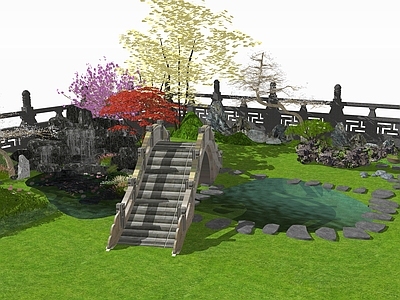 新中式中式四合院 四合院园林景观 园林水景