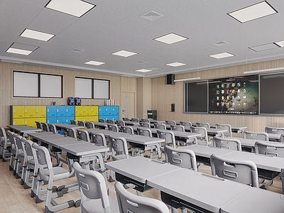 现代原木教室 多媒体教室 书包柜 讲台 饮水机 吸音板
