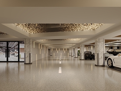 现代新中式室内停车场 地下车库 豪车 波纹板