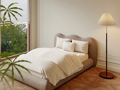 奶油中古双人床 布艺床 落地灯