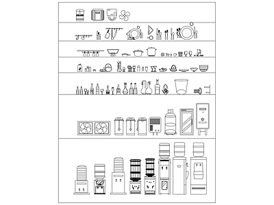 现代厨房设施 各种厨房用品 多样化厨房用具 厨房用品系列 不同类型的厨房器 各款厨房工具 施工图