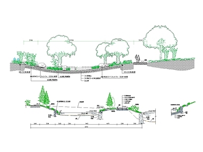 景观节点 河道小溪驳岸剖面 立面植物 立面树 施工图