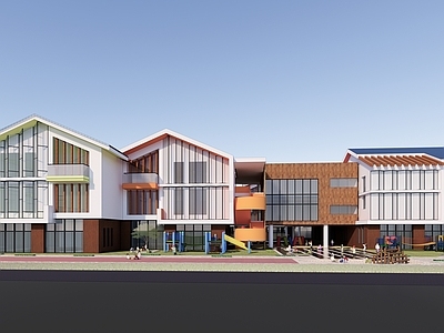 现代幼儿园 U形 坡屋顶 折线