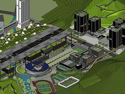 现代学校建筑 学校湖景 教学楼学校 学校操场
