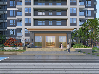 新中式现代高层住宅 现代住宅入口 住宅门厅 入口景墙