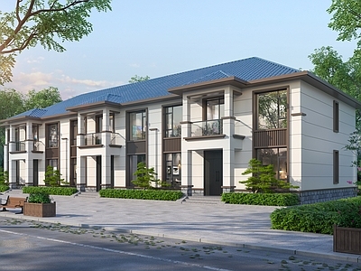 现代新中式别墅外观 连排别墅 自建房 别墅 二层别墅